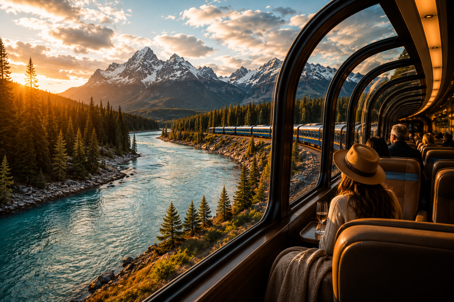 Luxury train traveling through the Canadian Rockies beside a mountain river.