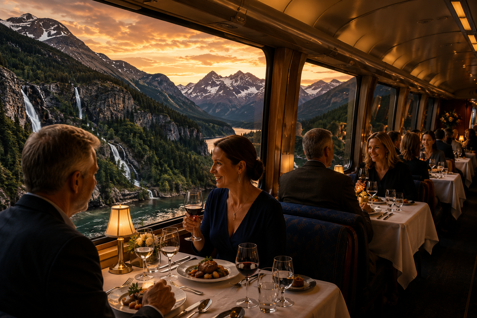 Couples enjoying a gourmet dinner inside VIA Rail's Canadian train dining car at sunset while viewing mountain waterfalls and Canadian Rockies scenery through panoramic windows.