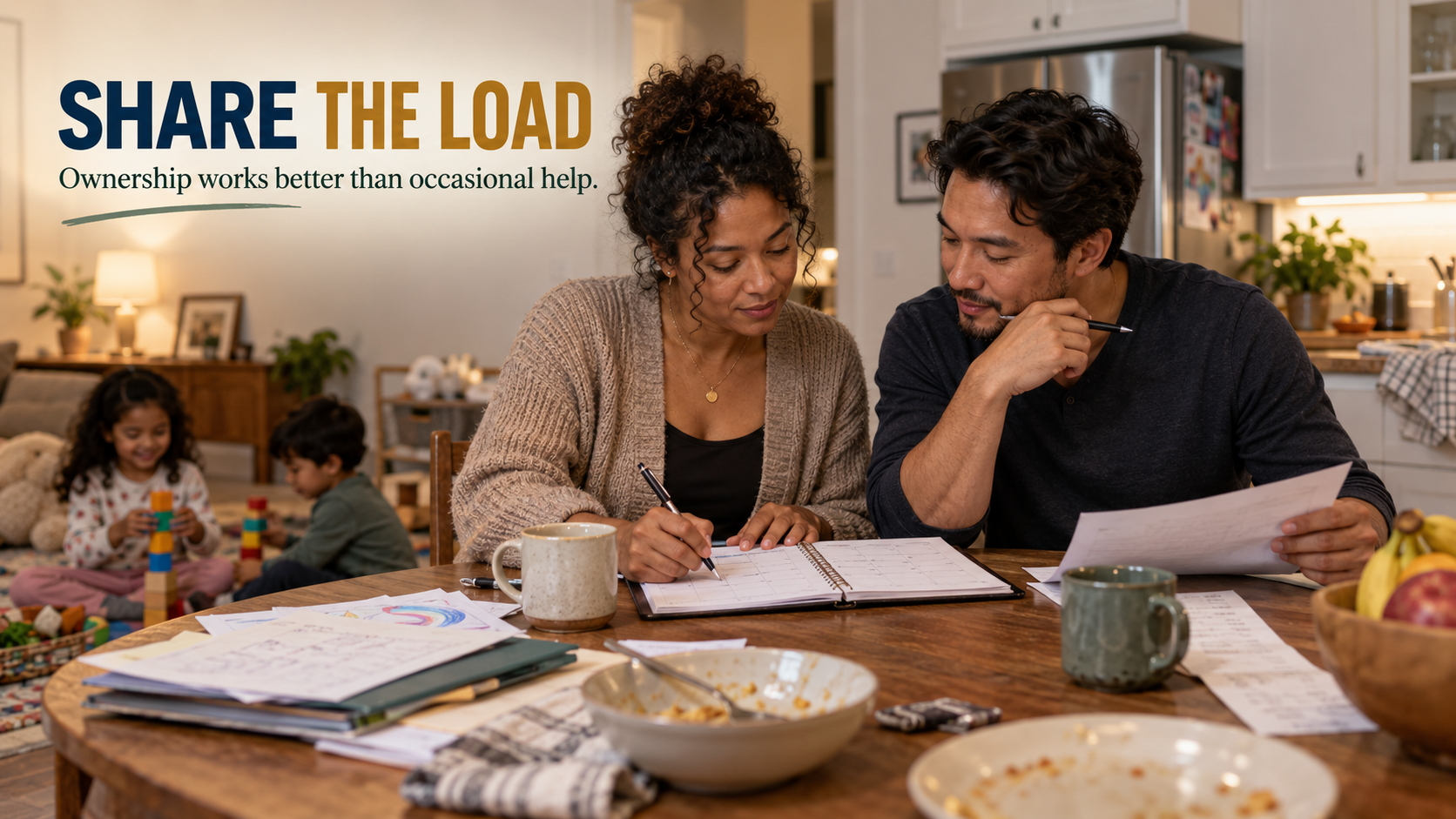 Two parents share responsibility by planning household and family tasks together at the kitchen table.
