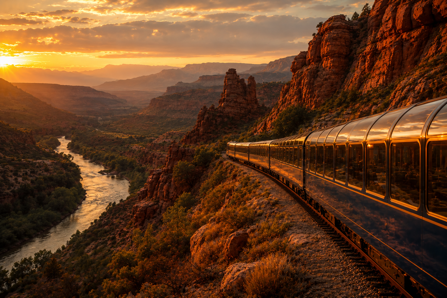 Canyon Spirit luxury train traveling through the dramatic red rock canyons, river valleys, and rugged desert landscapes of the American Southwest during golden hour.