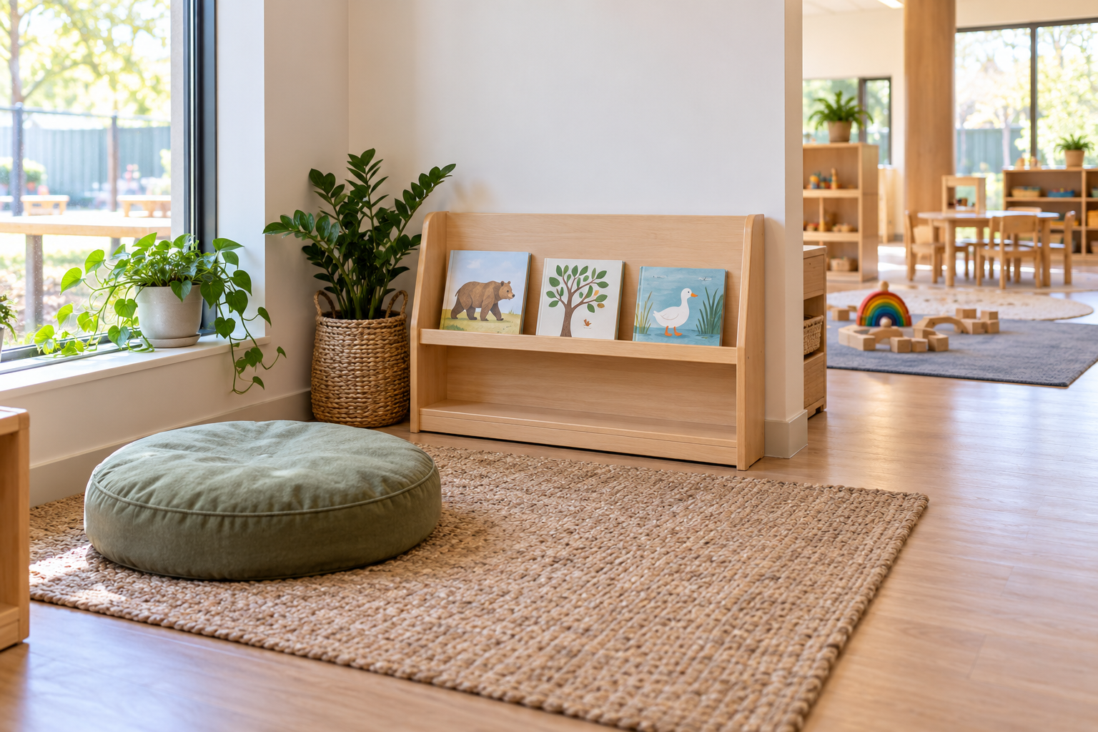 Open preschool reading area with picture books and a floor cushion