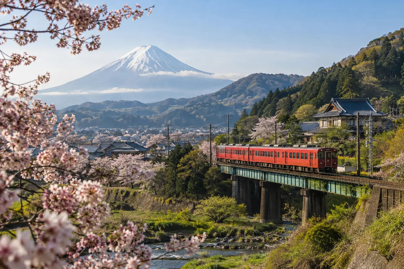 Japanese temple, cherry blossoms, and mountain scenery representing a Japan adventure