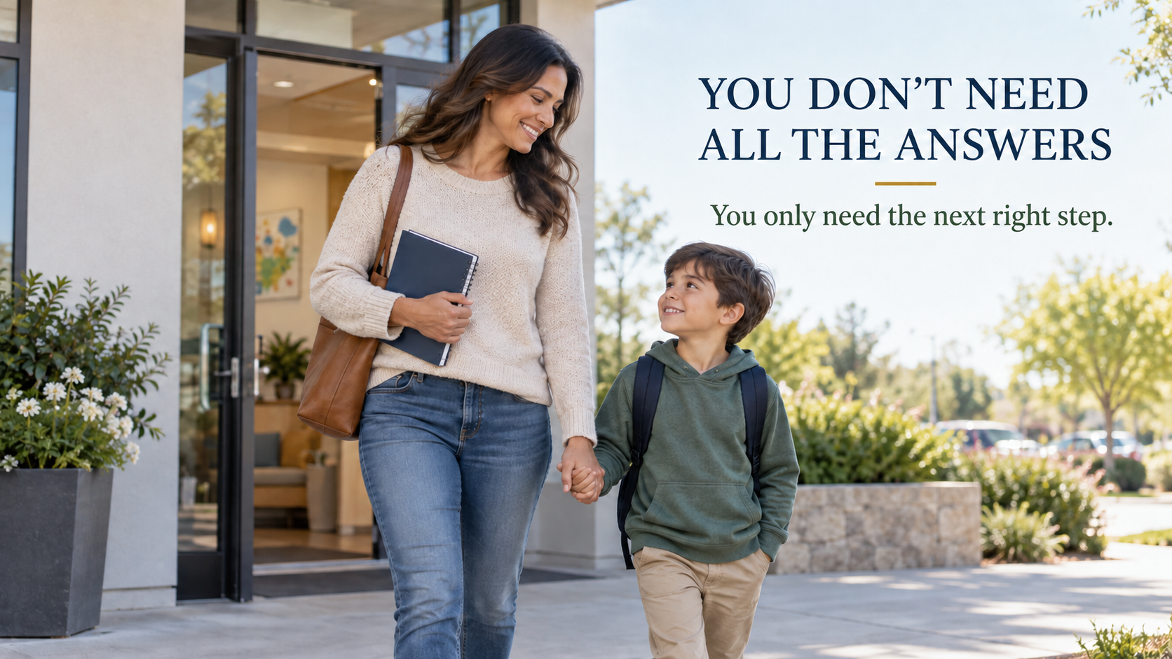 A parent and child leave an appointment together, representing the next step in finding appropriate mental-health support.