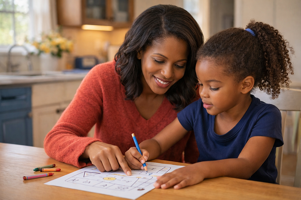 Mother helping child with early learning activity to support developmental milestones at home