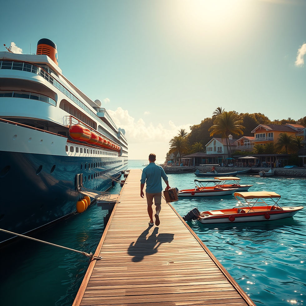 Traveler stepping off a luxury cruise ship onto a vibrant tropical port dock, turquoise water glowing in the background, small excursion boats waiting nearby, colorful Caribbean-style buildings along the shoreline, warm golden sunlight, cinematic composition, ultra-realistic travel photography, subtle deep navy and warm orange tones inspired by the Travel With McNellis brand palette, natural lighting, correct proportions, no text, no collage.