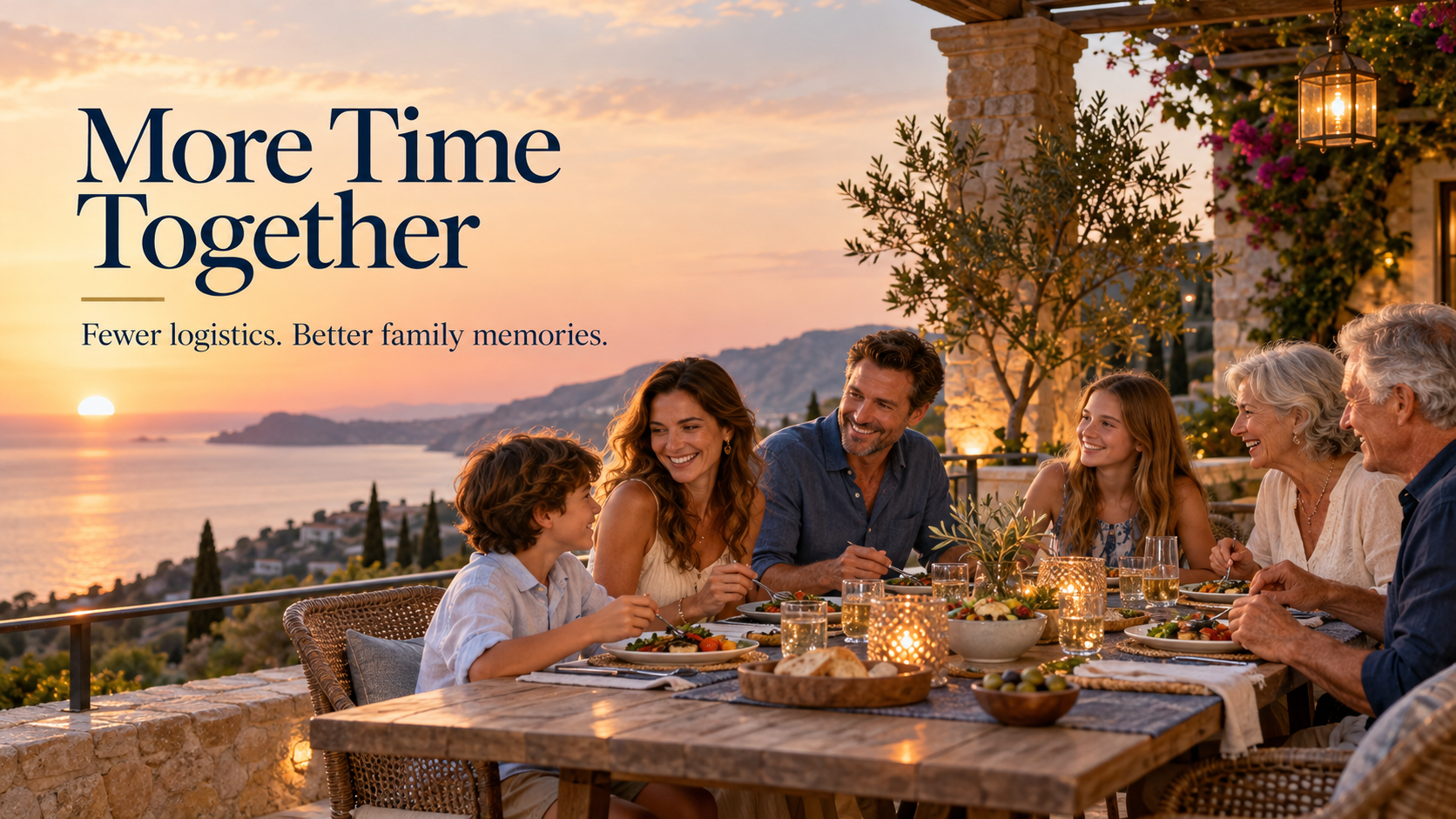 Grandparents, parents and children sharing an outdoor dinner on a family vacation
