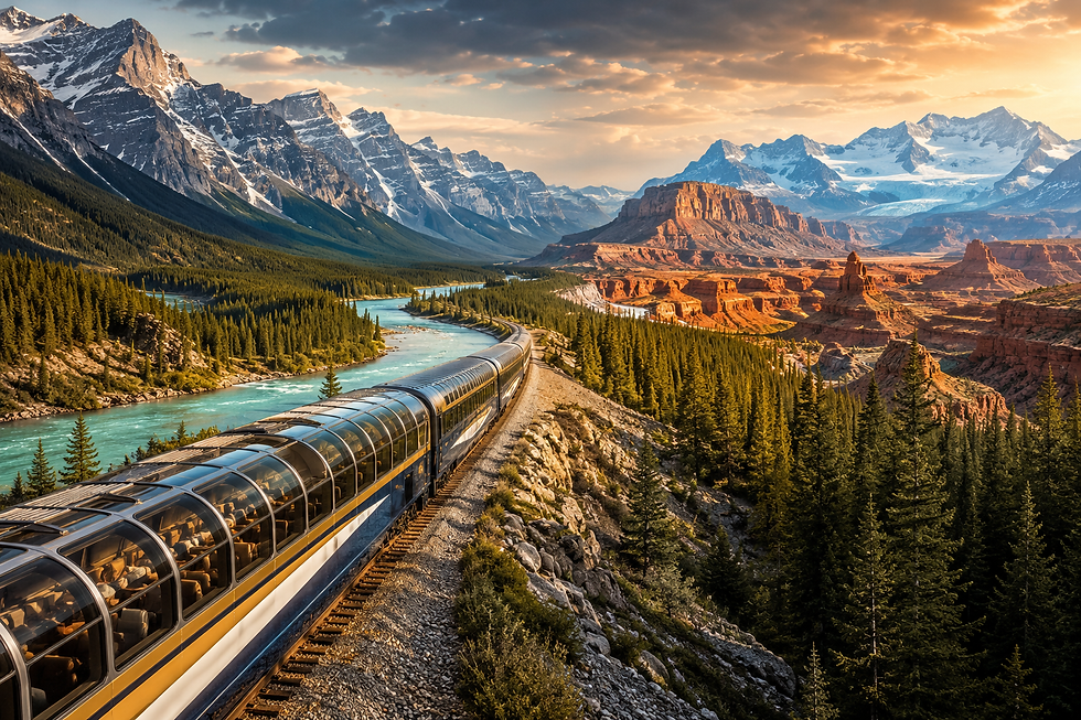 Luxury panoramic train traveling through the Canadian Rockies, American Southwest, and Alaskan wilderness, showcasing North America's most spectacular rail journeys.