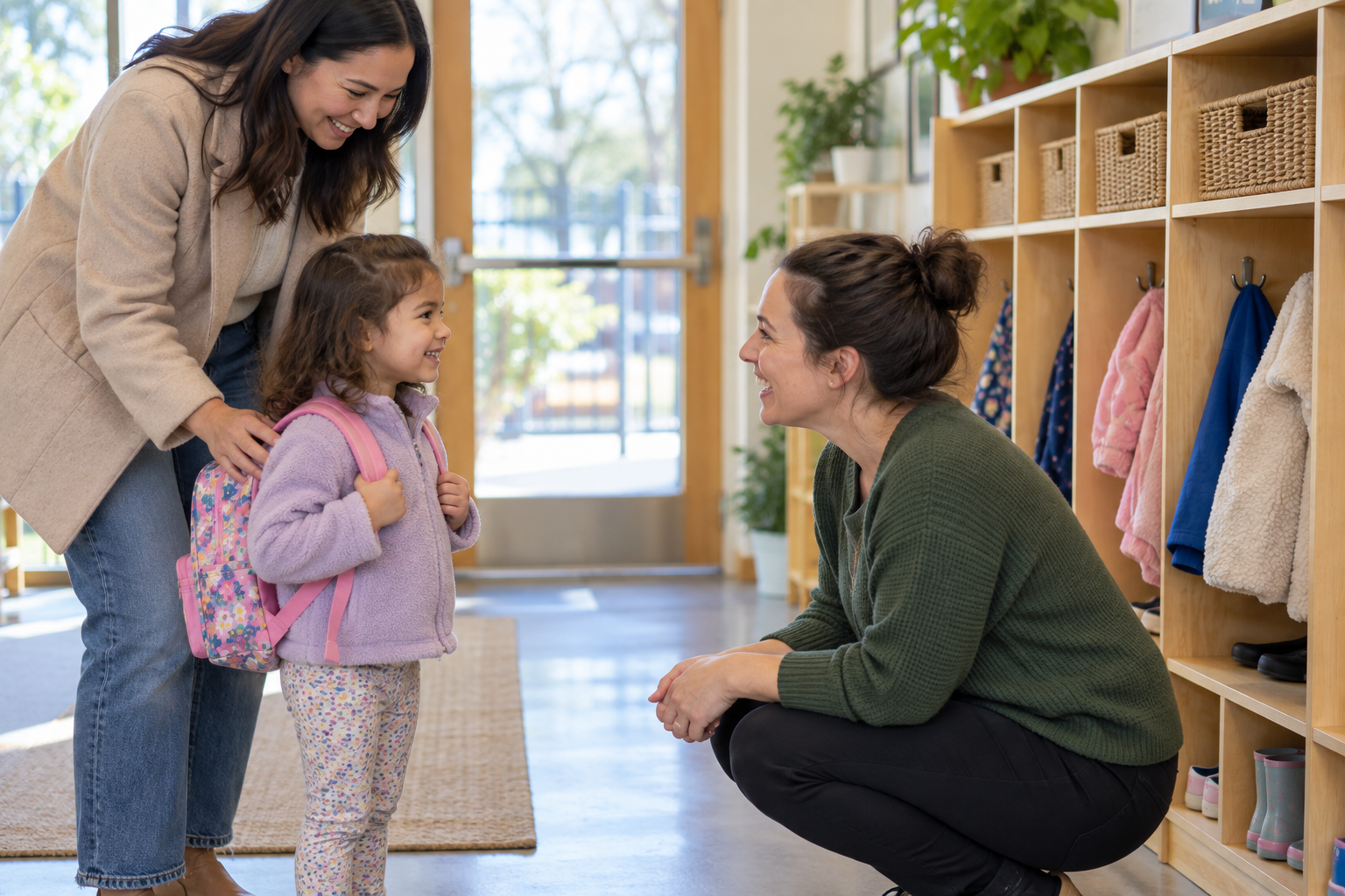 Parent and educator welcoming a child beside daycare cubbies
