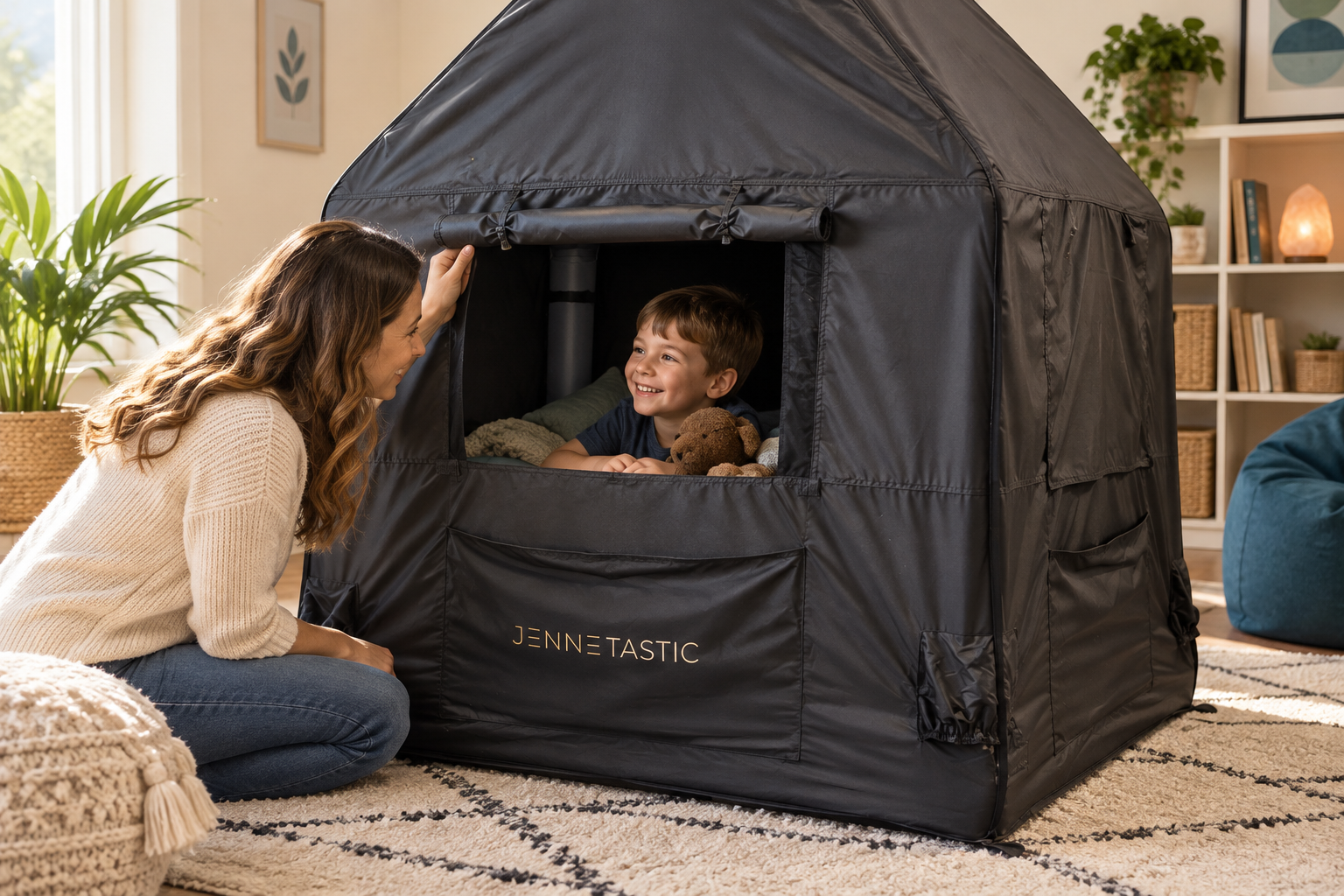 JenneTastic black sensory tent with a child reading inside, carrying bag and manual pump.