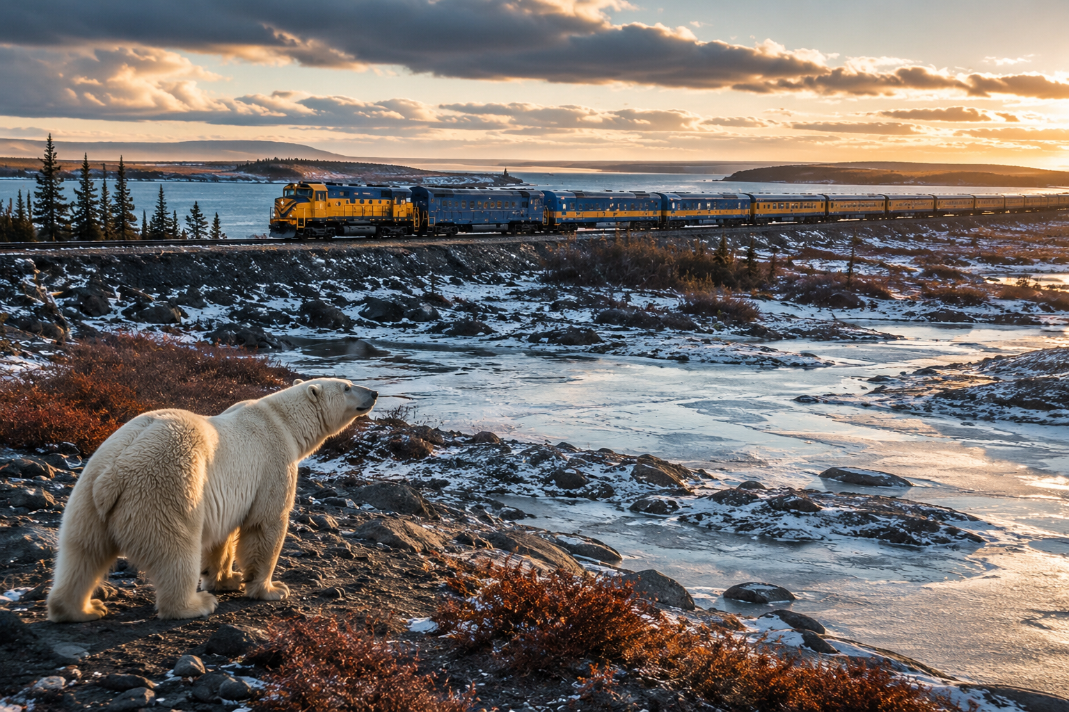 Polar Bear Express train traveling through Northern Ontario wilderness with a polar bear visible near the tundra landscape of Canada's Far North.
