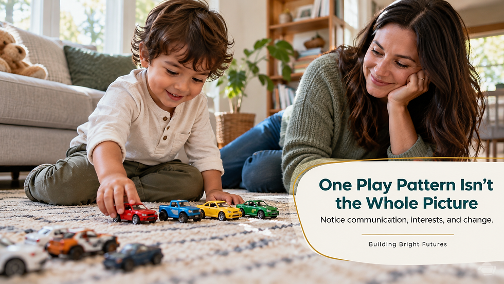 Young child arranges toy cars while a parent watches with interest. Text: “One Play Pattern Isn’t the Whole Picture. Notice communication, interests, and change.”