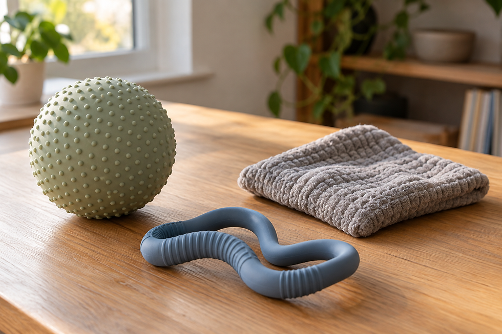 Textured ball, flexible fidget and soft fabric square arranged on a wooden table.