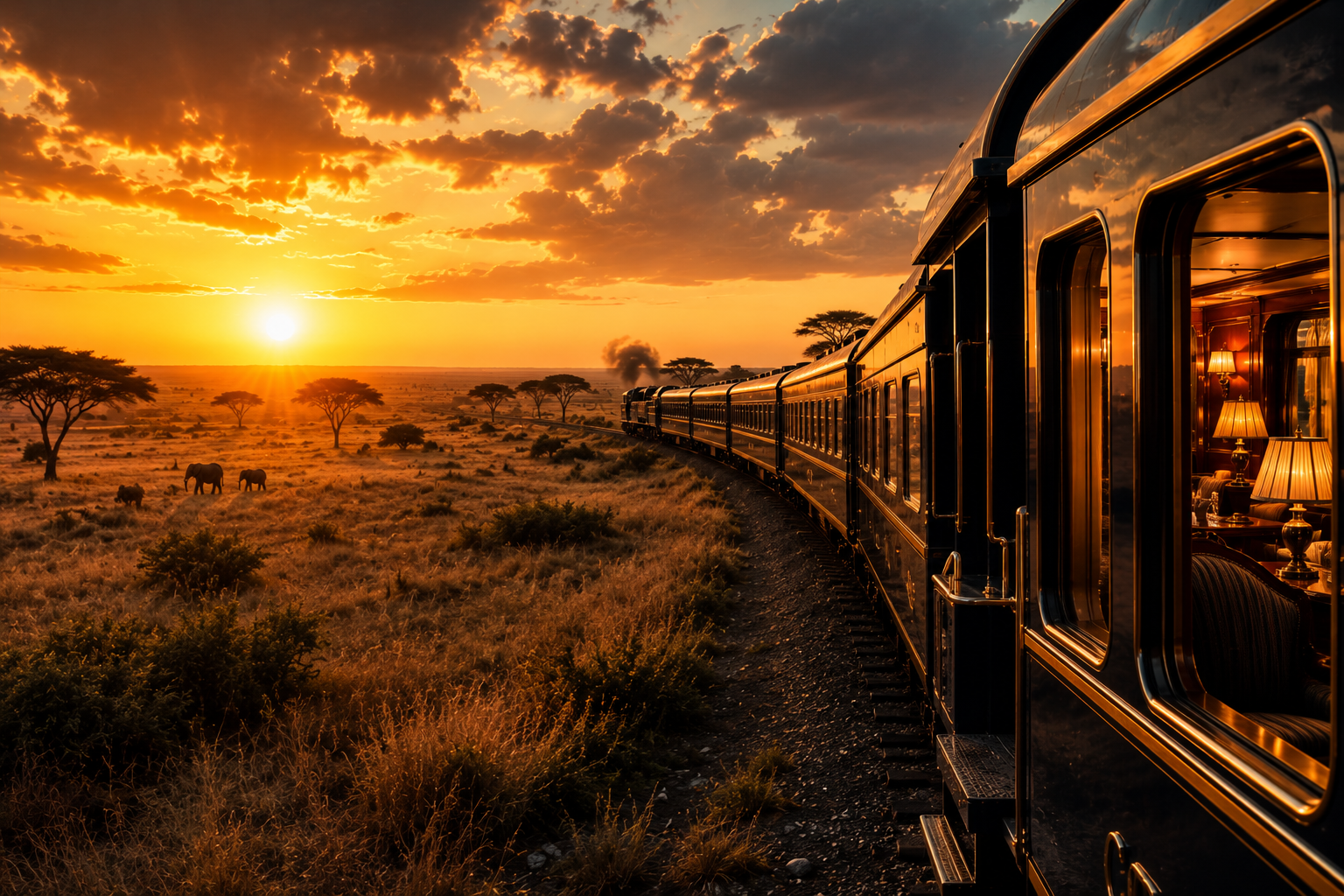 Luxury train traveling through the African savannah at sunset.