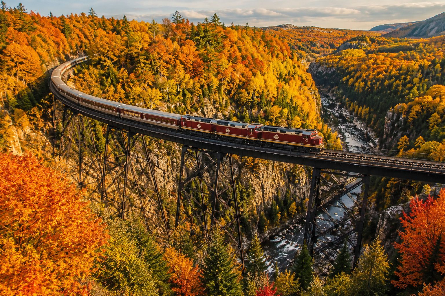 Agawa Canyon Tour Train crossing a historic trestle bridge surrounded by vibrant autumn colours in Northern Ontario's Canadian Shield wilderness.