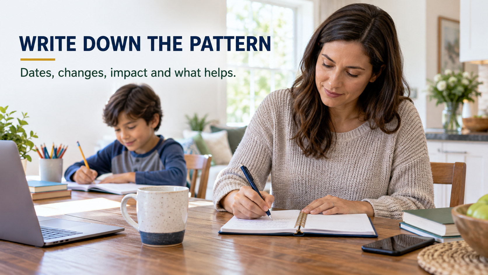 A parent records dated observations in a notebook while her child works nearby at home.