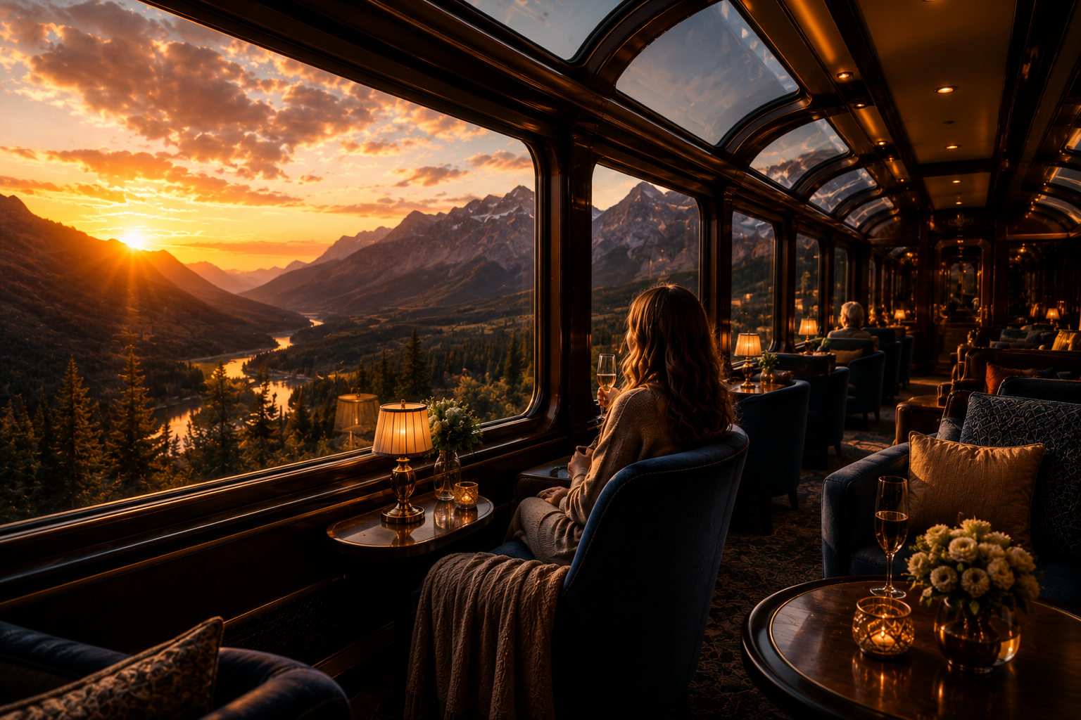 Traveler relaxing inside a luxury train observation lounge during sunset.
