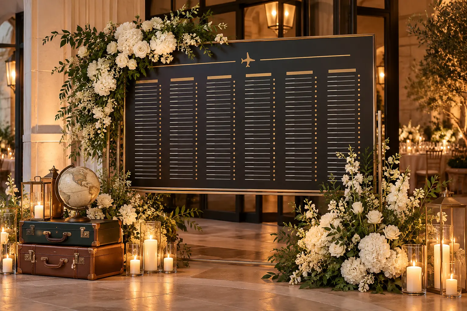 Elegant travel-themed wedding seating chart styled like an airport departure board