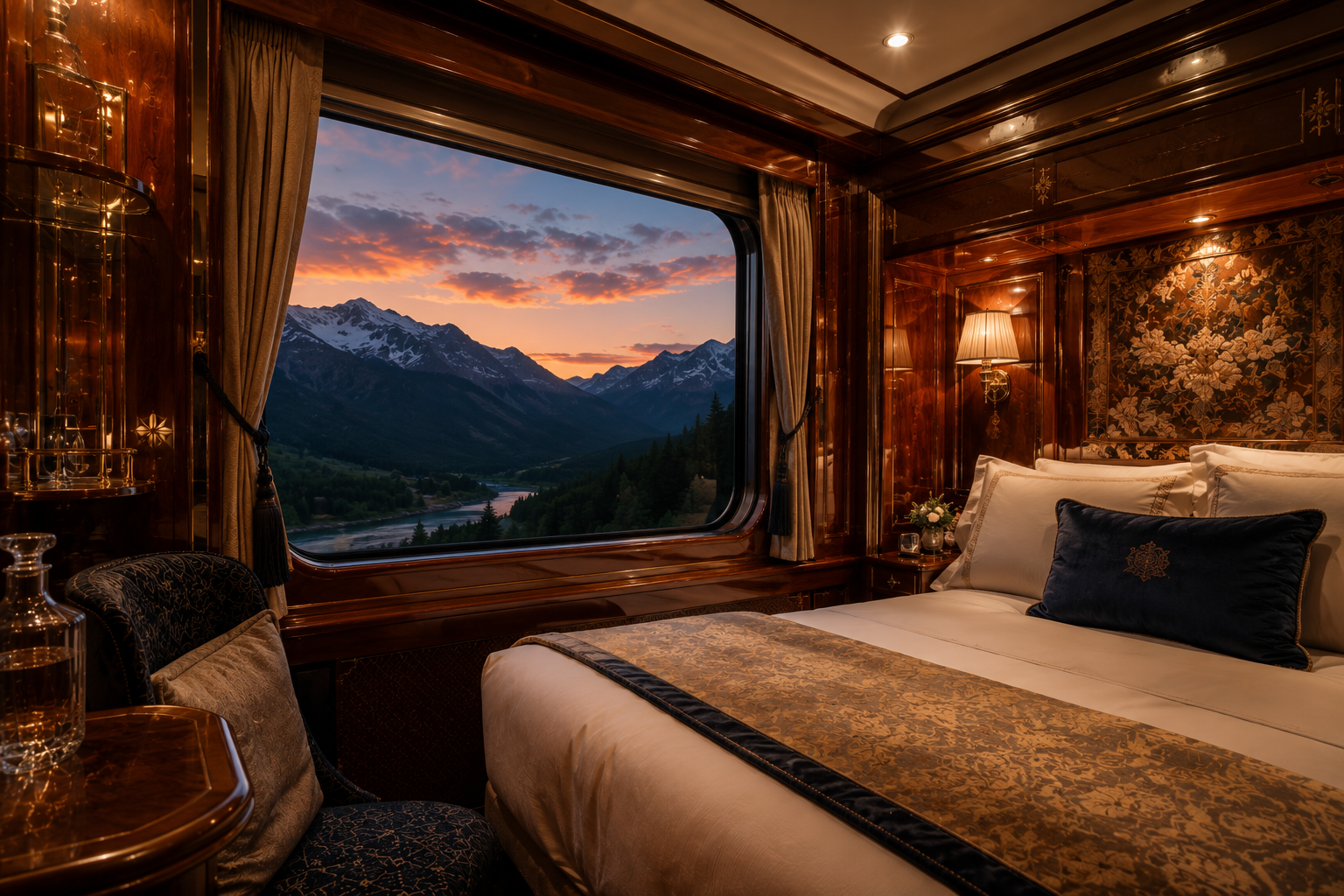 Luxury sleeper train suite overlooking mountain scenery.