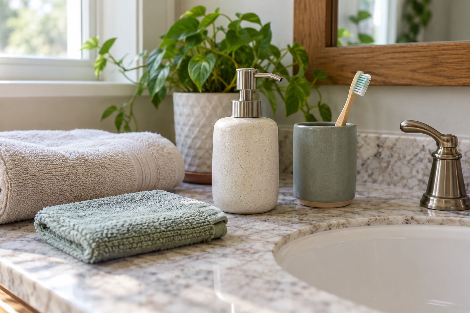 Washcloth, towel, soap dispenser and toothbrush arranged on a bathroom counter.