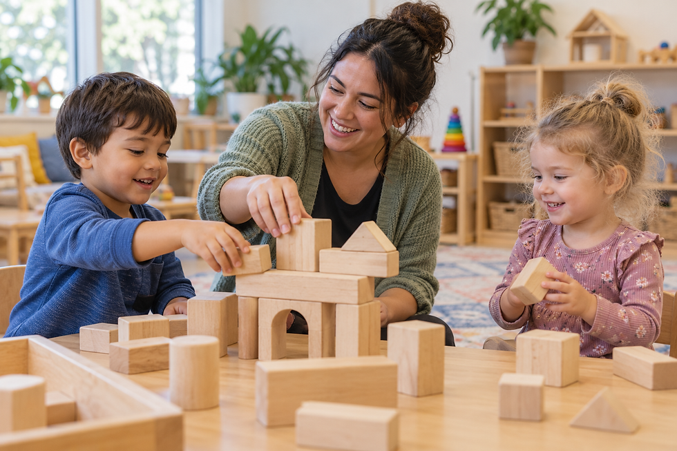Éducatrice préscolaire et deux enfants construisant avec de gros blocs de bois à une table