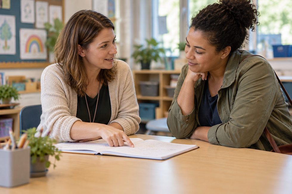 Parent and teacher discussing a student support plan at a table