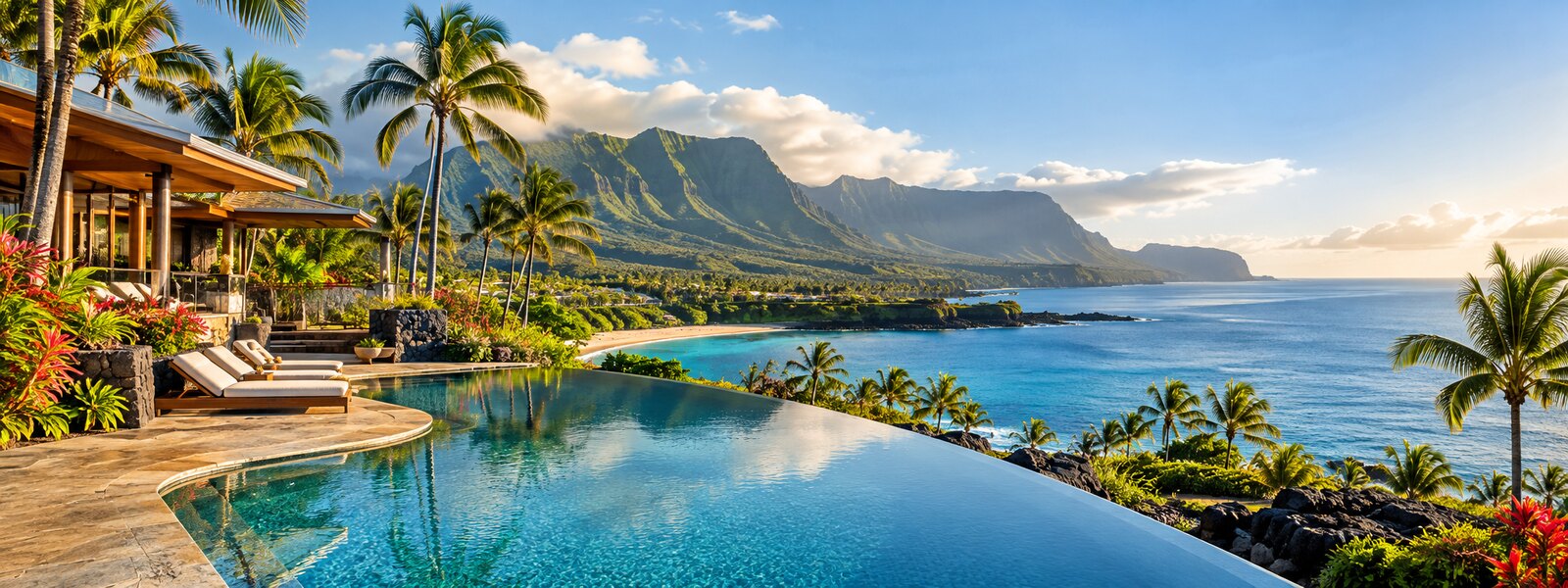 Hawaii resort with infinity pool, tropical coastline and volcanic mountains