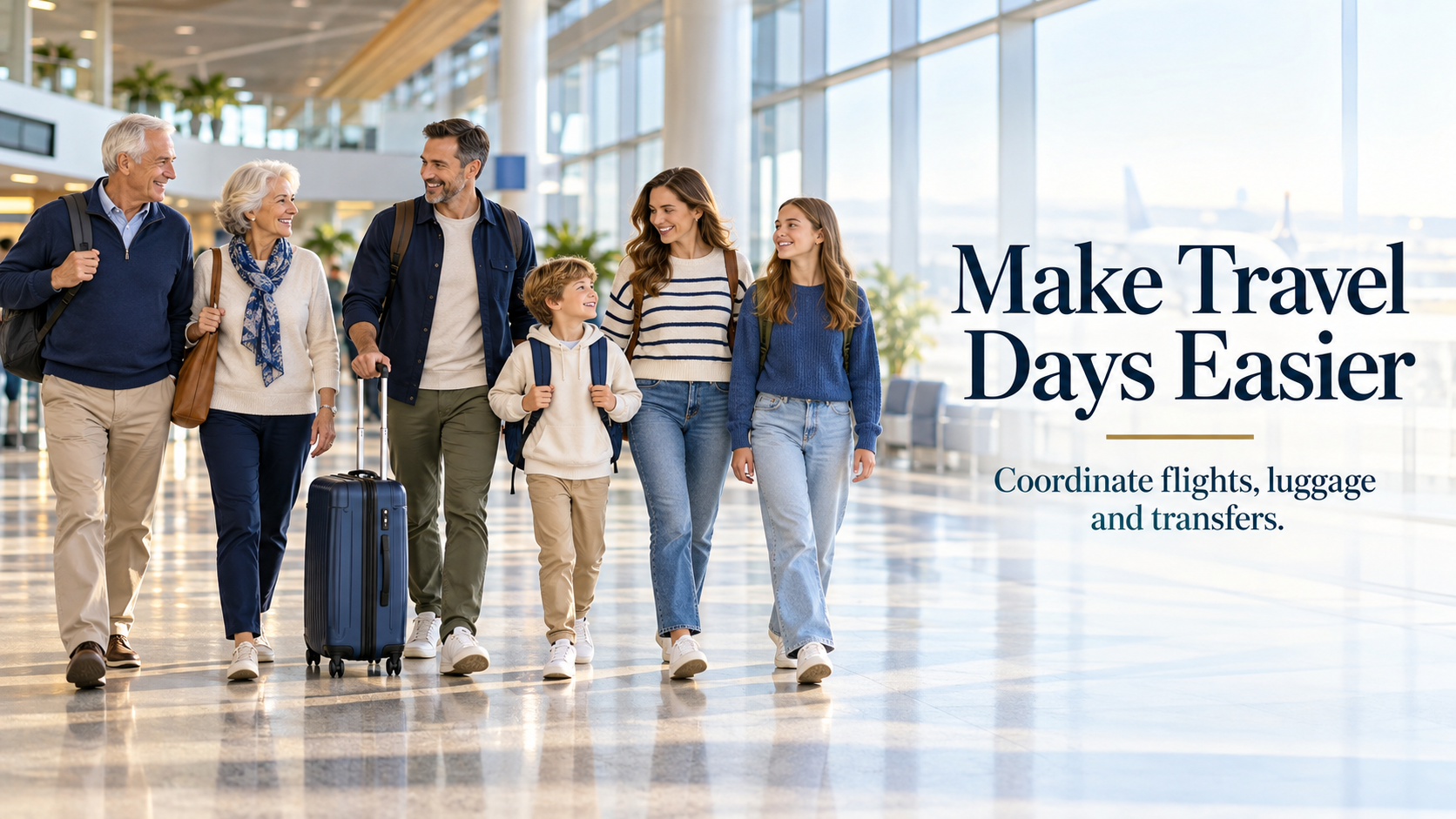 Grandparents, parents and children travelling together through a modern airport