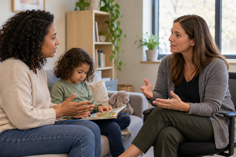 Caregiver discussing support with a professional while a child reads nearby.