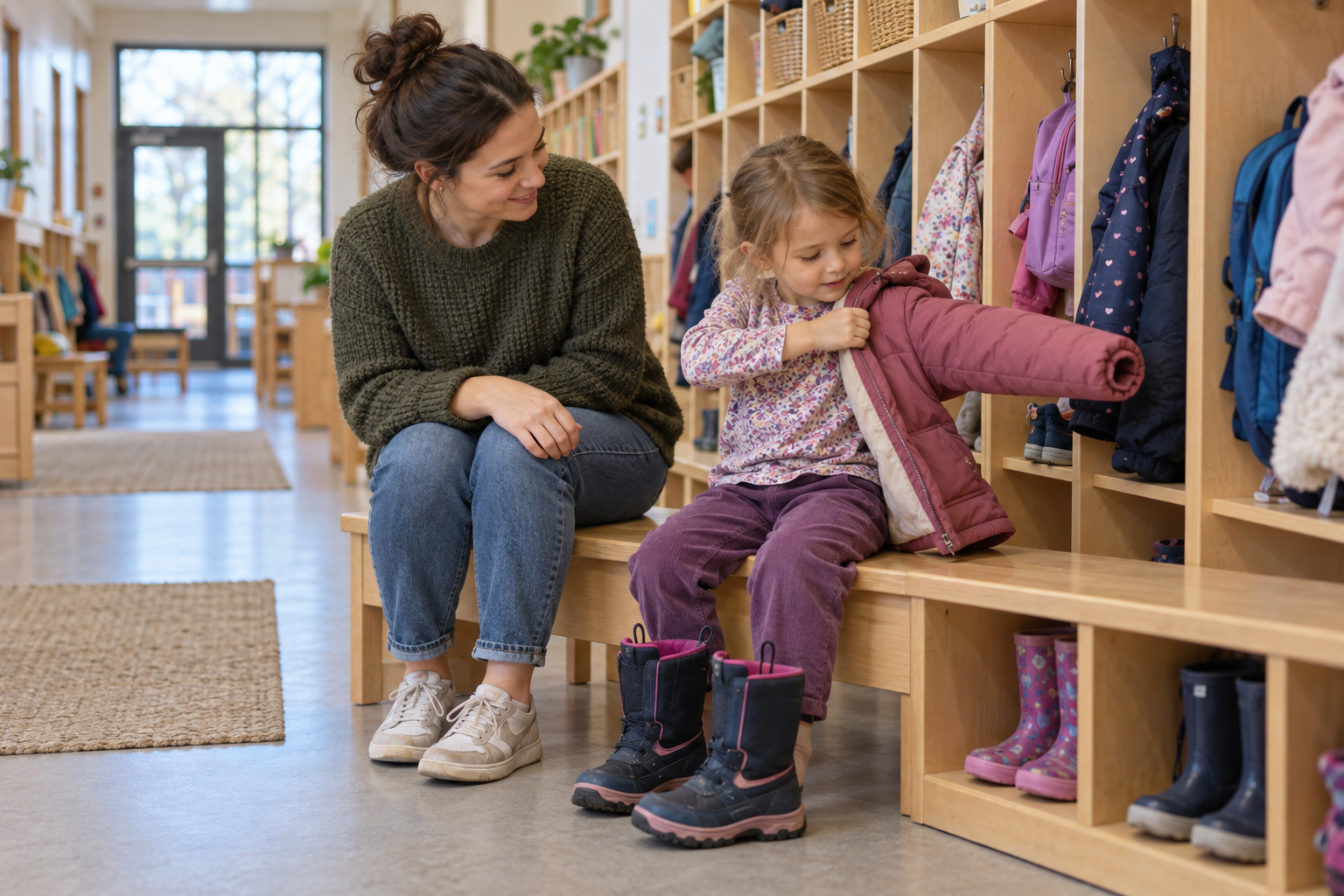 Educator watching a child put on a coat beside daycare cubbies