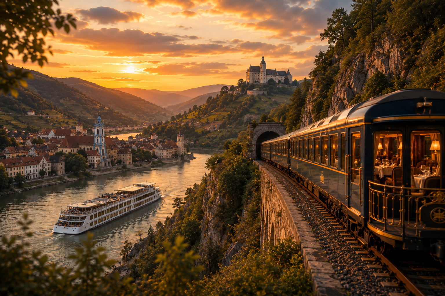 Luxury train and river cruise vacation comparison showcasing scenic travel experiences and premium journeys.