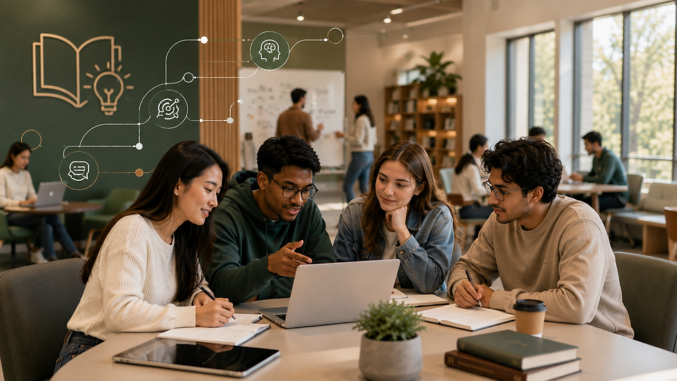 Diverse university students collaborating on a learning activity in a modern higher education environment designed to encourage meaningful student engagement.