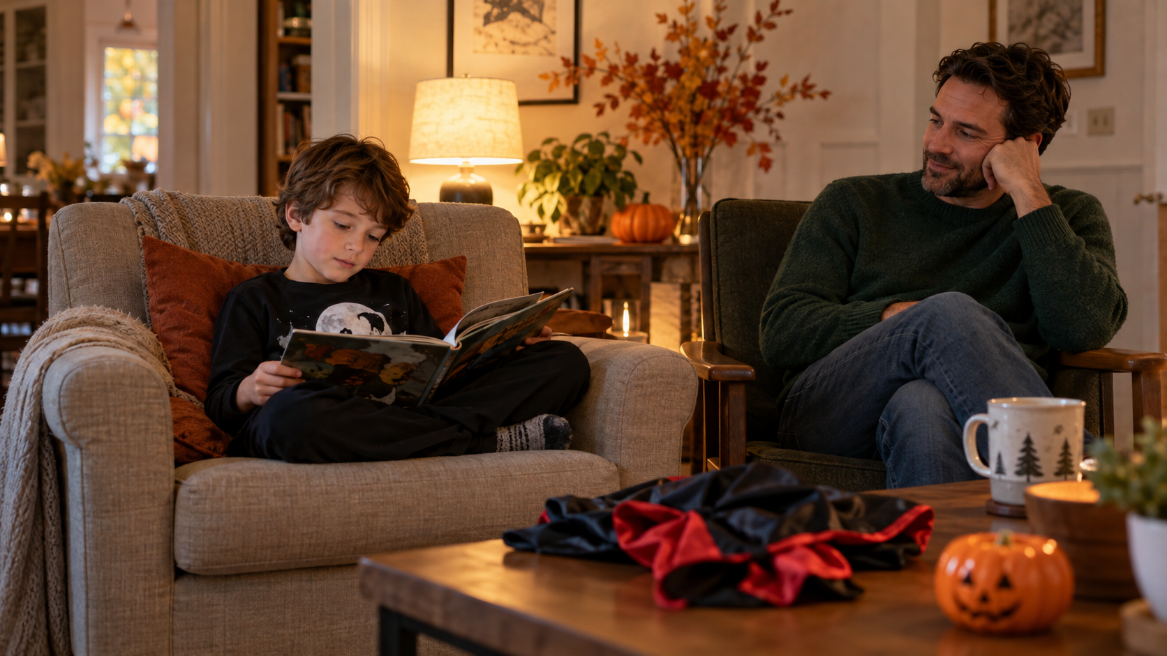 Un enfant lit dans un fauteuil près de son père; sa cape d’Halloween est déposée sur la table.