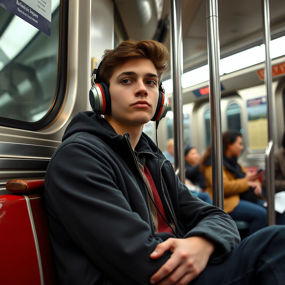 Chicago resident practicing mindfulness on a crowded train to manage social anxiety.