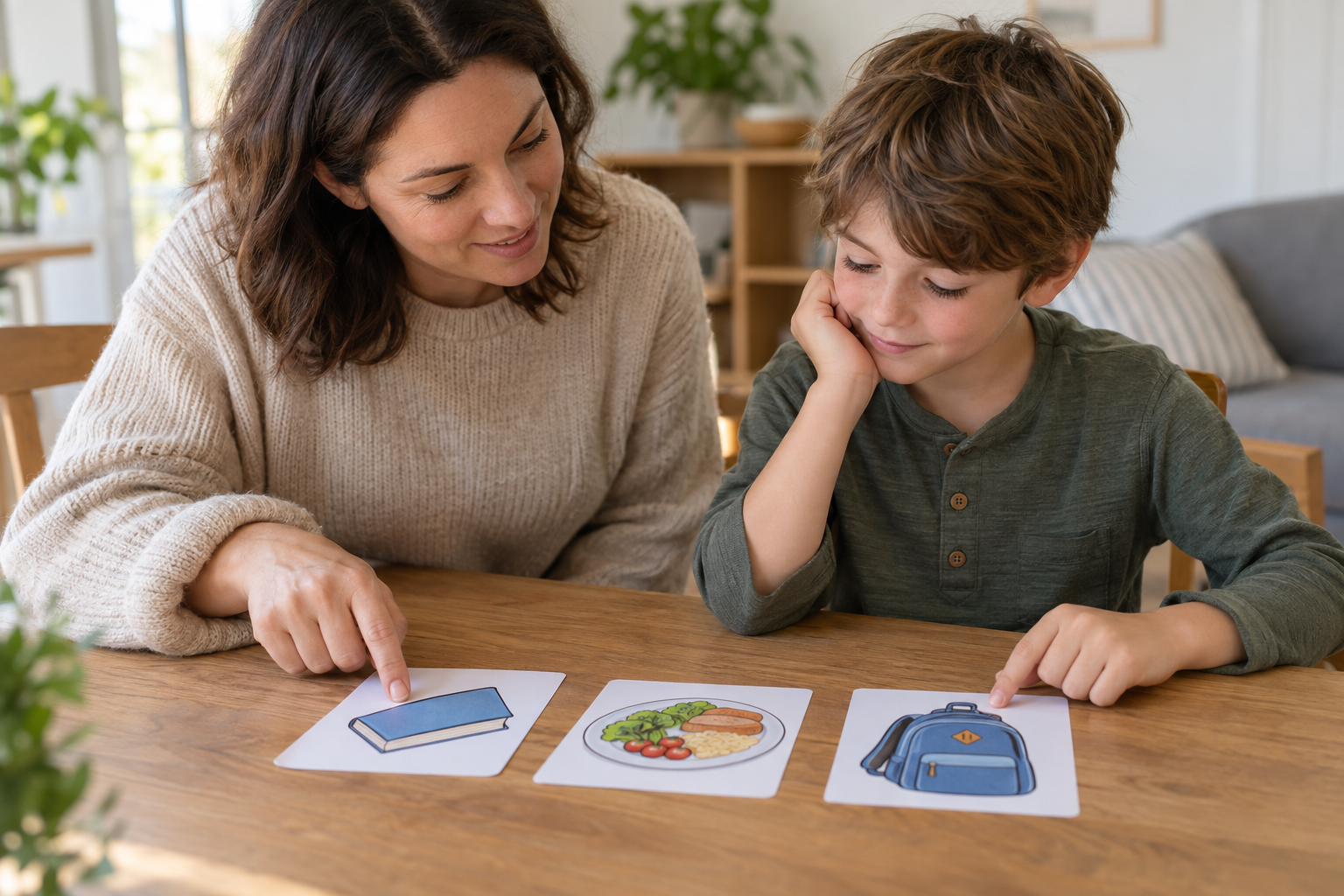 Caregiver and child reviewing picture cards for reading, lunch and school.