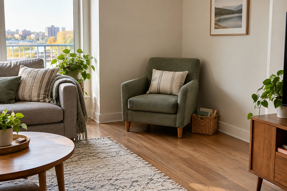 Quiet reading corner with a green chair and books in a small apartment