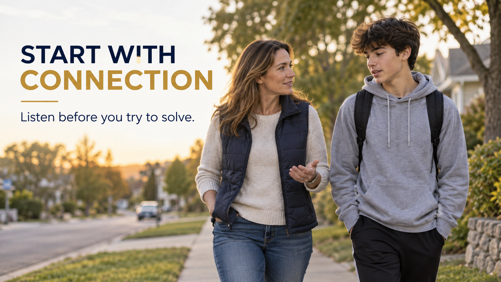 A parent and teen talk while walking together, showing a calm way to begin a mental-health conversation.