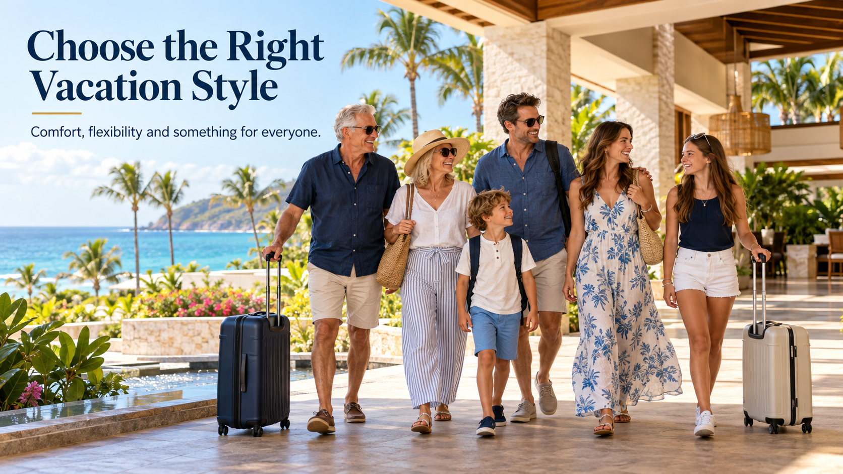 Multigenerational family arriving together at a family-friendly beachfront resort