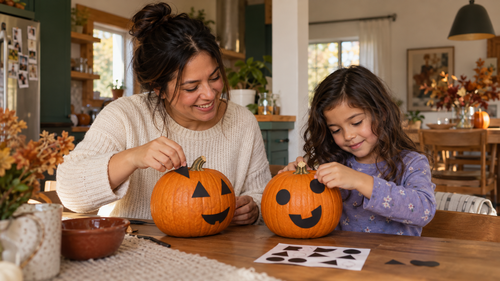 Une mère et son enfant décorent des citrouilles entières avec des autocollants noirs à la table de cuisine.