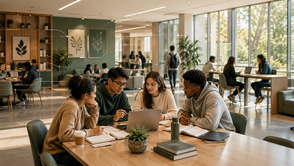 Diverse university students collaborating in a modern learning environment designed around learner needs, engagement, and student success.