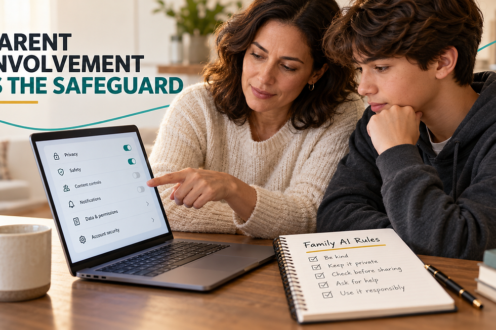 Parent and teenager review privacy and safety settings together while creating family rules for AI use.