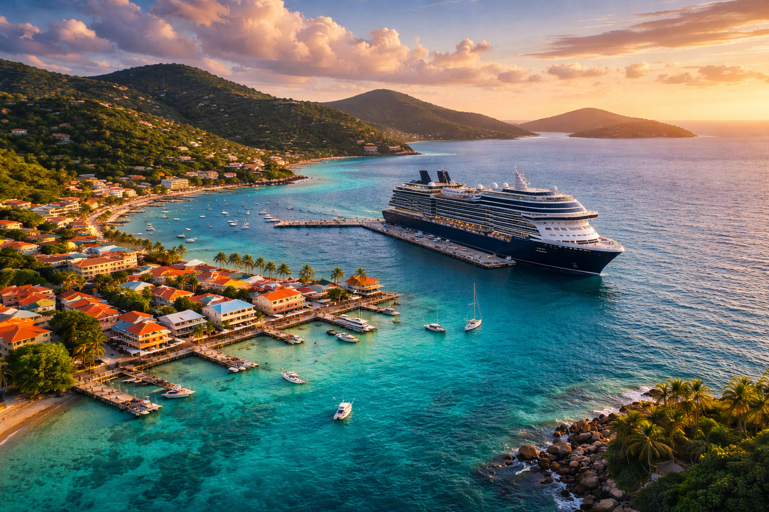 Aerial view of colorful Caribbean harbor with turquoise water and cruise ship docked
