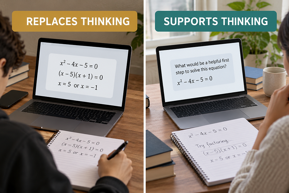 Comparison showing AI supplying a finished math answer versus guiding a student through the first step.