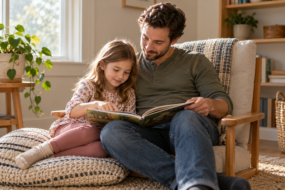 Father and daughter reading together during a supported quiet break at home