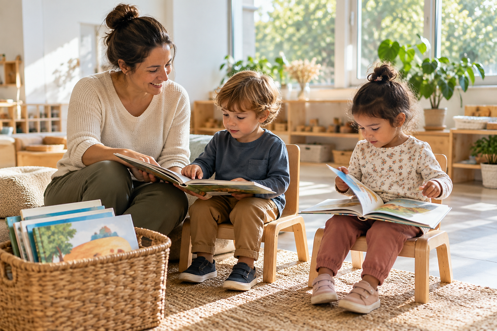 Educator and two preschool children reading in an open daycare reading area.