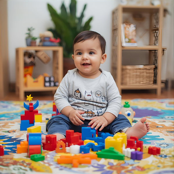 Baby playing with colorful blocks on a play mat, building brain connections through free play.