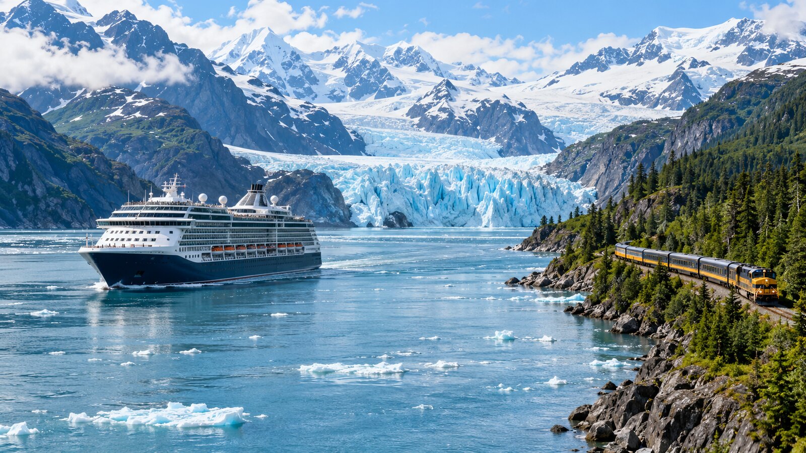 Alaska cruise ship and scenic rail journey beside glaciers and mountains