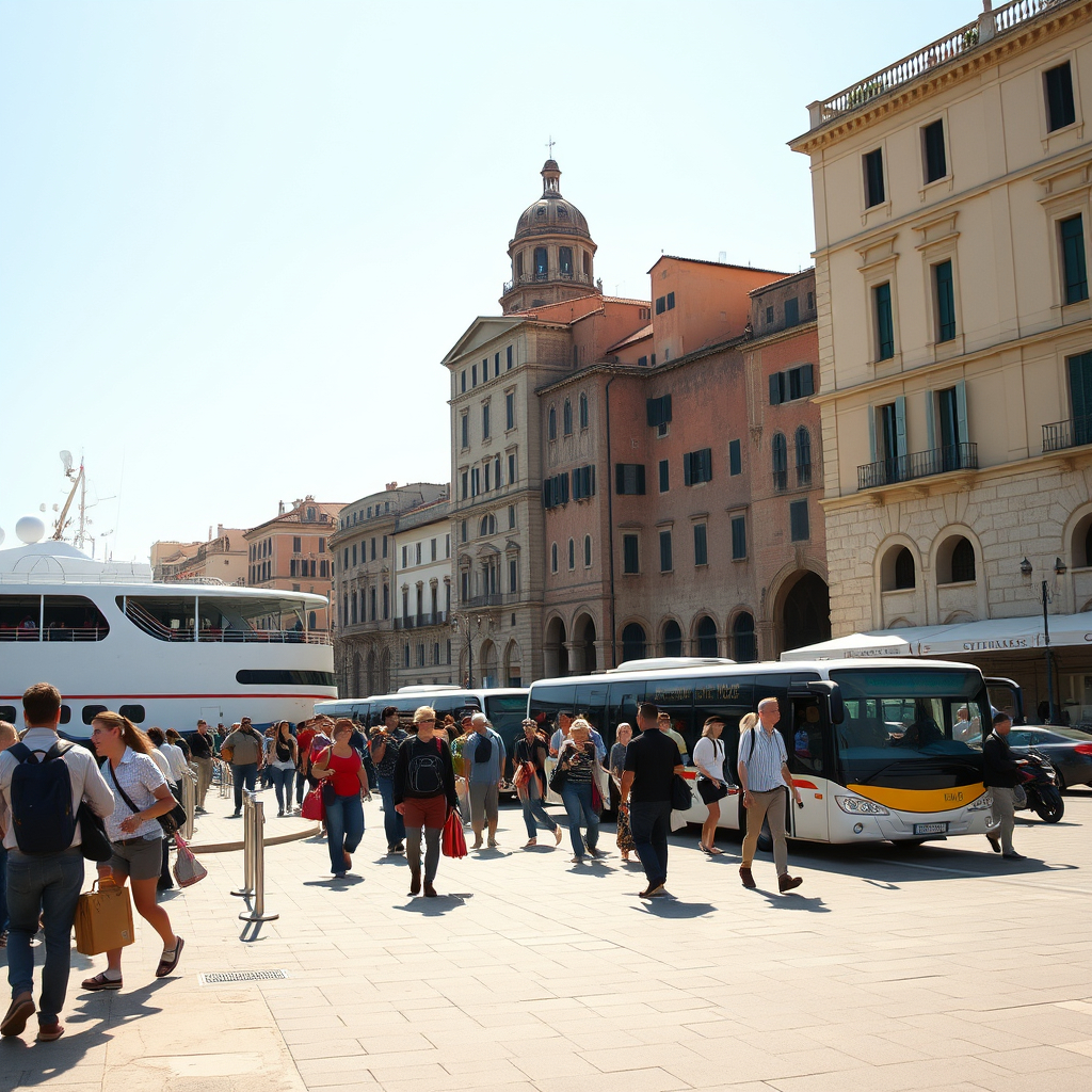 Busy Mediterranean cruise port with travelers boarding excursion buses near historic European architecture, warm sunlight, cinematic travel photography, no text, no collage.