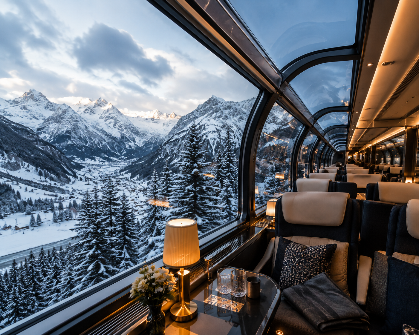 Luxury Train traveling through a winter scene filled with mountains large pine snow covered trees