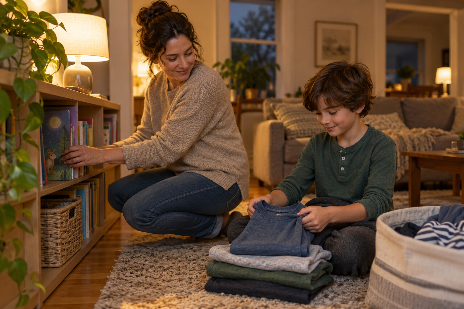 Parent putting away a picture book while a child folds comfortable clothing in a softly lit living room.