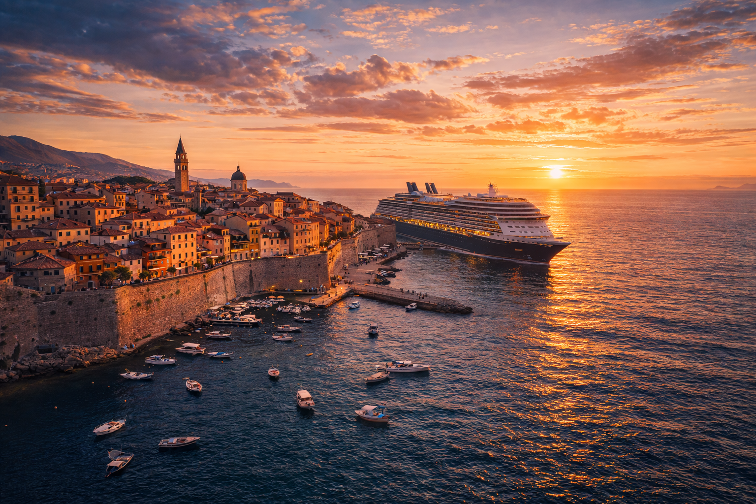 Historic Mediterranean harbor with cruise ship docked near old European coastal city